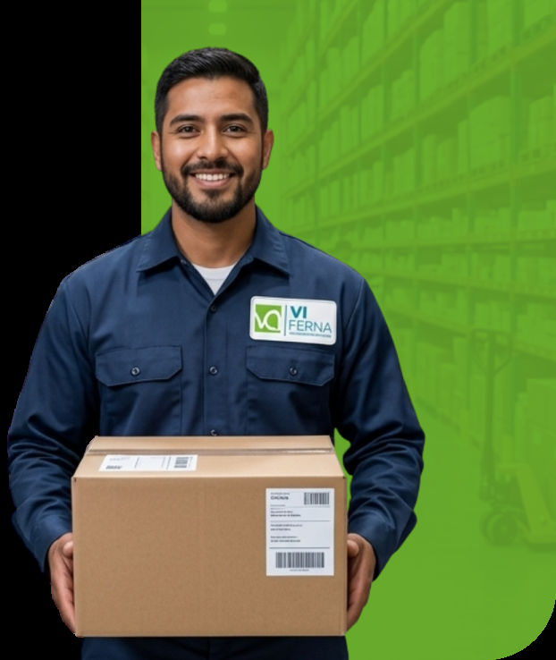 Colaborador VIFERNA con caja en distribución farmacéutica